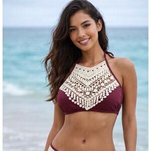 Cupshe Burgundy Crochet Lace Bikini Set – Boho Beach Swimwear Size S NEW
